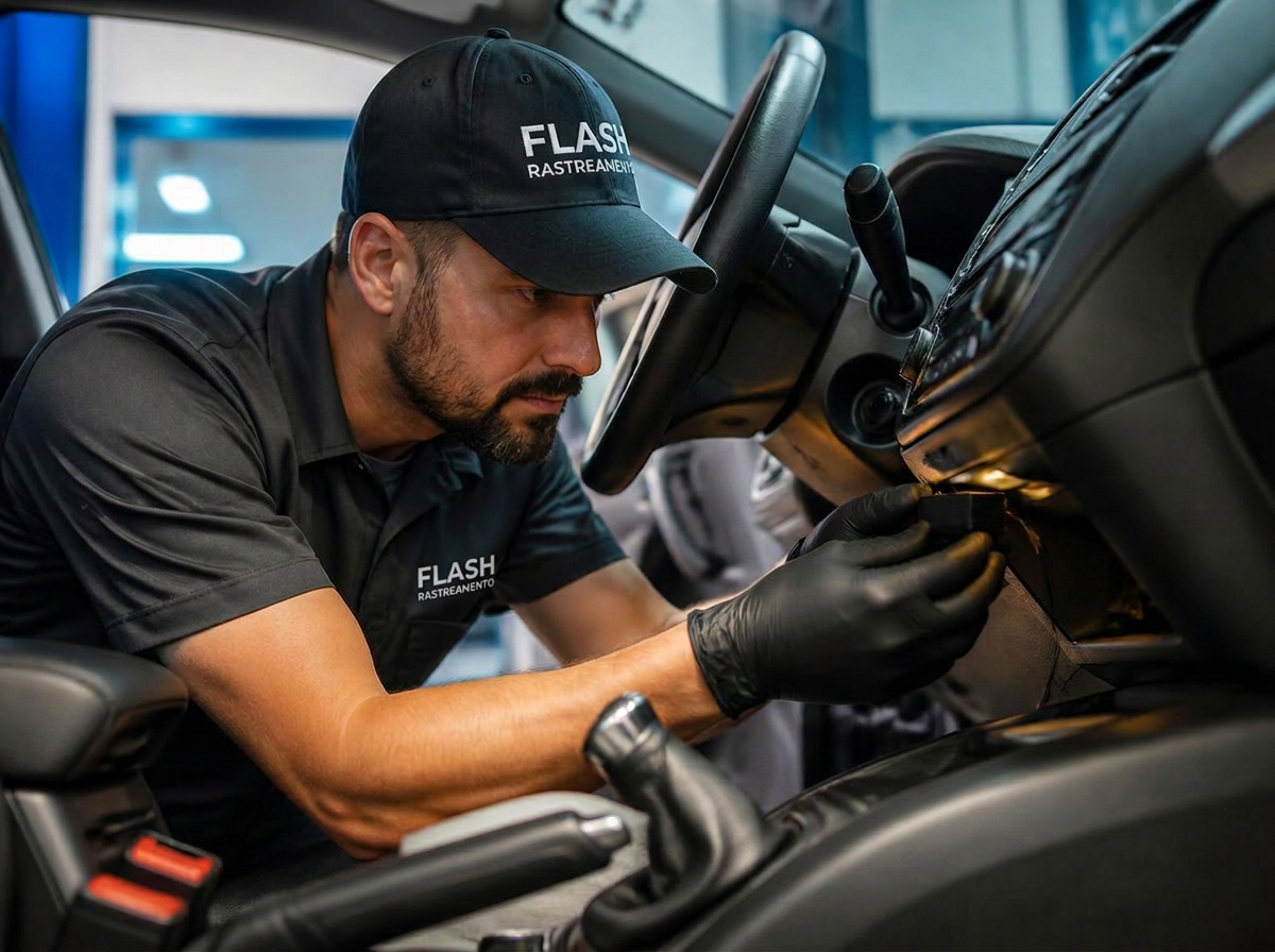 Técnico instalando o rastreador GPS no painel do veículo