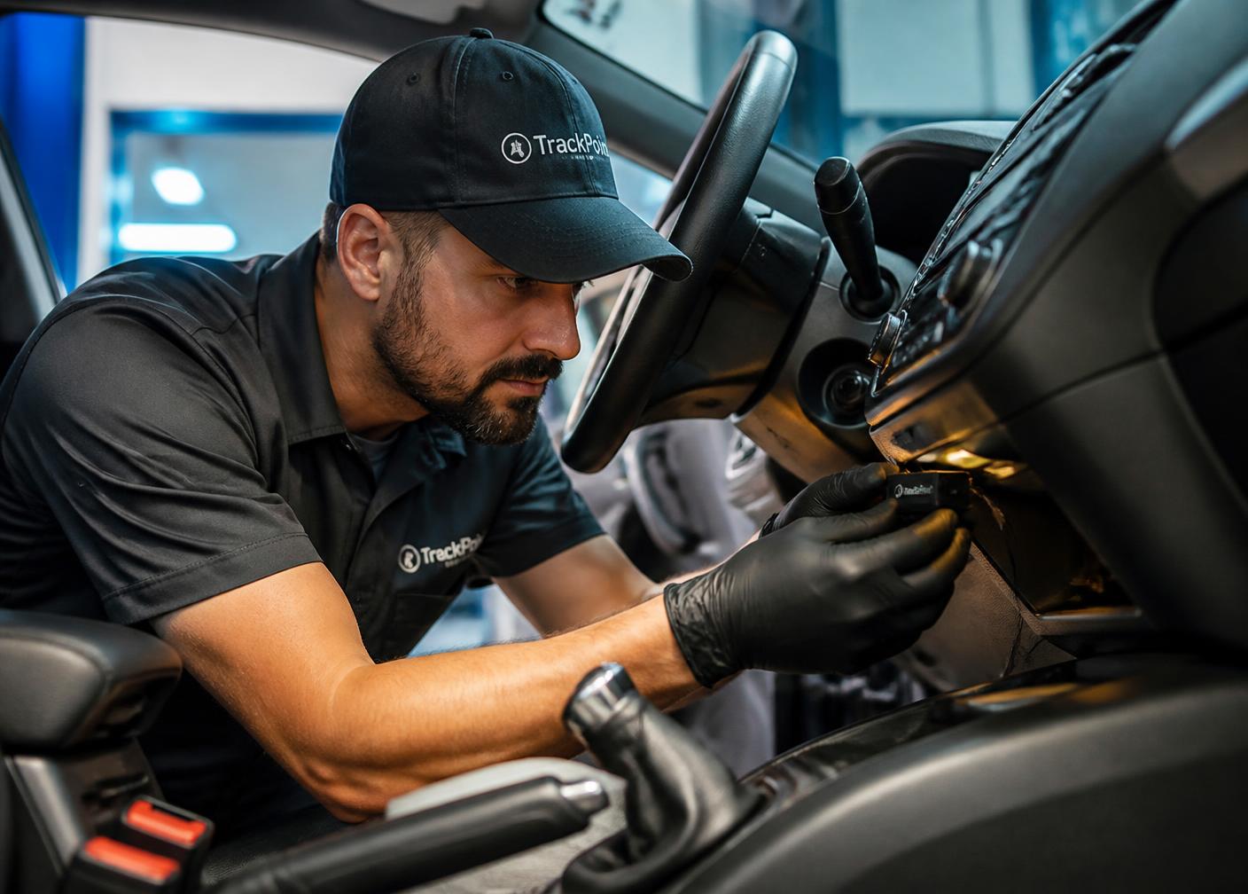 Técnico instalando o rastreador GPS no painel do veículo
