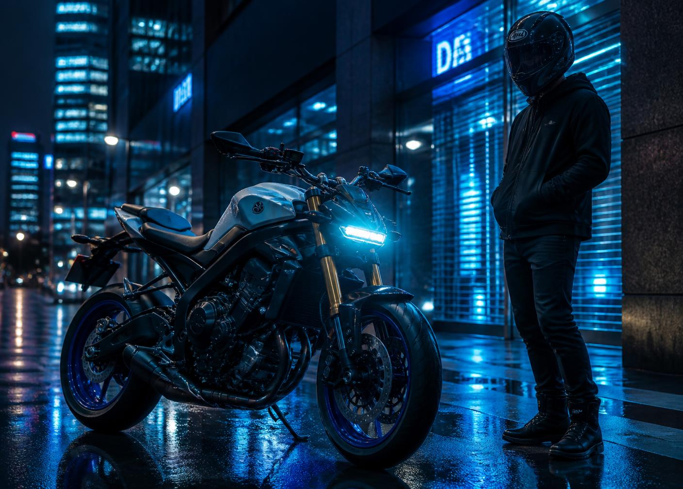 Moto estacionada em rua urbana à noite com iluminação azul